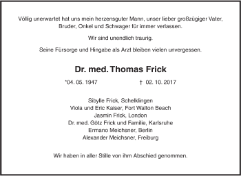 Traueranzeige von Thomas Frick von Ehinger Tagblatt