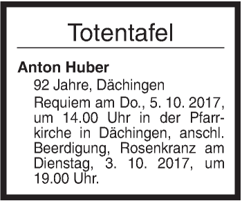 Traueranzeige von Totentafel vom 02.10.2017 von Ehinger Tagblatt