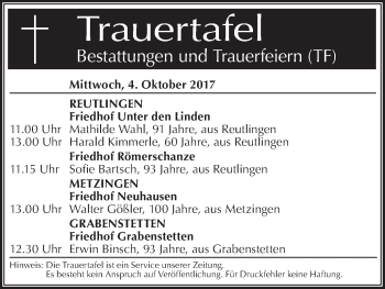 Traueranzeige von Totentafel vom 04.10.2017 von Südwest Presse