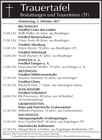 Traueranzeige von Totentafel vom 05.10.2017 von Südwest Presse