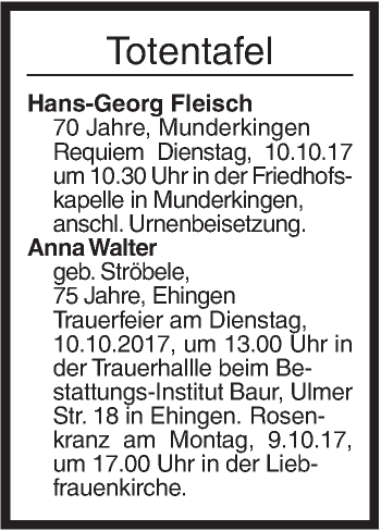 Traueranzeige von Totentafel vom 06.10.2017 von Ehinger Tagblatt