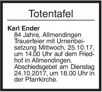 Traueranzeige von Totentafel vom 21.10.2017 von Ehinger Tagblatt