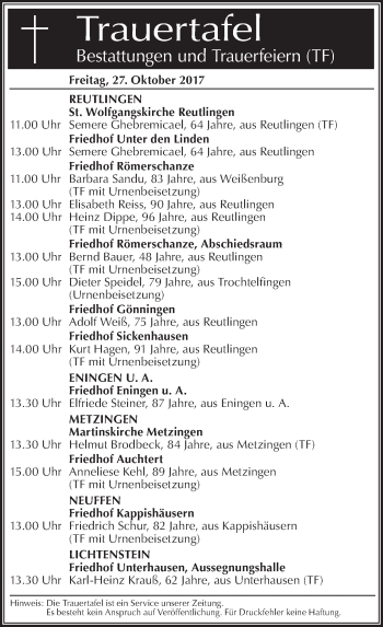 Traueranzeige von Totentafel vom 27.10.2017 von SÜDWEST PRESSE