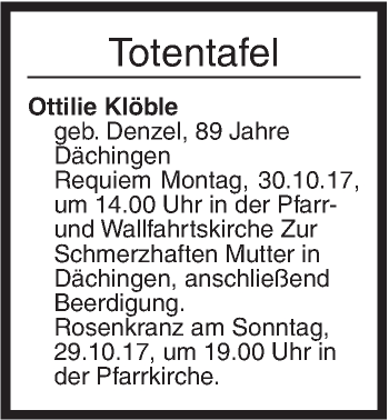 Traueranzeige von Totentafel vom 28.10.2017 von Ehinger Tagblatt