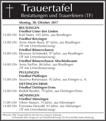 Traueranzeige von Totentafel vom 28.10.2017 von SÜDWEST PRESSE