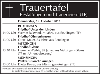 Traueranzeige von Trauertafel vom 19.10.2017 von SÜDWEST PRESSE