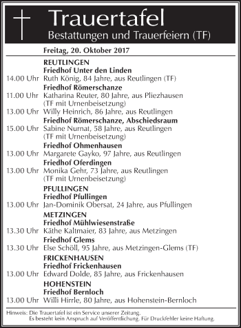 Traueranzeige von Trauertafel vom 20.10.2017 von SÜDWEST PRESSE