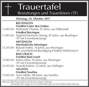 Traueranzeige von Trauertafel vom 24.10.2017 von SÜDWEST PRESSE