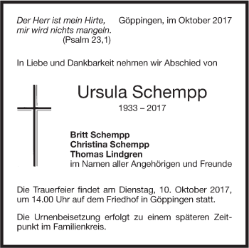 Traueranzeige von Ursula Schempp von Neue Württembergische Zeitung