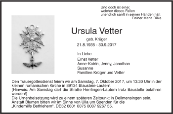 Traueranzeige von Ursula Vetter von Südwest Presse