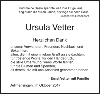 Traueranzeige von Ursula Vetter von Südwest Presse