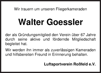 Traueranzeige von Walter Goessler von Südwest Presse