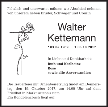 Traueranzeige von Walter Kettemann von Hohenloher Tagblatt