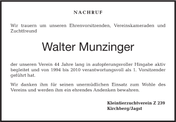 Traueranzeige von Walter Munzinger von Hohenloher Tagblatt