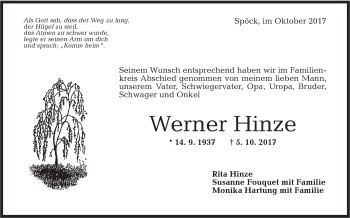 Traueranzeige von Werner Hinze von Rundschau Gaildorf