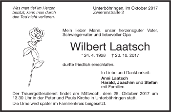 Traueranzeige von Wilbert Laatsch von Geislinger Zeitung