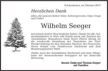 Traueranzeige von Wilhelm Seeger von Rundschau Gaildorf