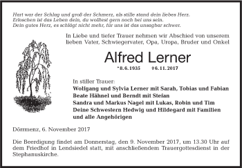 Traueranzeige von Alfred Lerner von Hohenloher Tagblatt