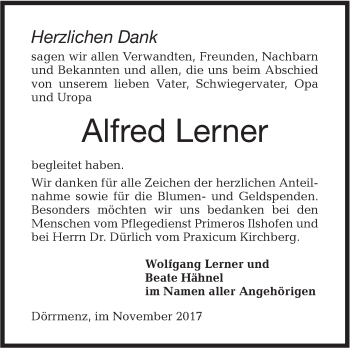 Traueranzeige von Alfred Lerner von Hohenloher Tagblatt