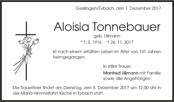 Traueranzeige von Aloisia Tonnebauer von Geislinger Zeitung