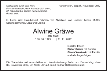 Traueranzeige von Alwine Gräwe von NWZ Neue Württembergische Zeitung