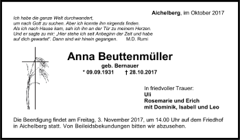 Traueranzeige von Anna Beuttenmüller von NWZ Neue Württembergische Zeitung