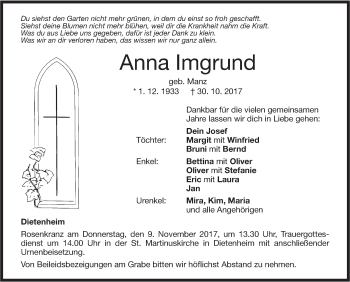 Traueranzeige von Anna Imgrund von Illertal Bote