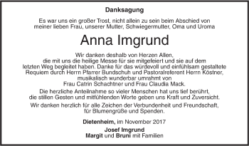 Traueranzeige von Anna Imgrund von Illertal Bote