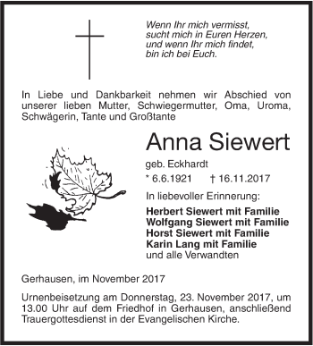 Traueranzeige von Anna Siewert von SÜDWEST PRESSE Ausgabe Ulm/Neu-Ulm