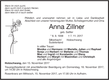 Traueranzeige von Anna Zillner von SÜDWEST PRESSE Ausgabe Ulm/Neu-Ulm