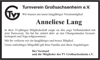 Traueranzeige von Anneliese Lang von SÜDWEST PRESSE