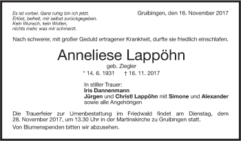 Traueranzeige von Anneliese Lappöhn von NWZ Neue Württembergische Zeitung