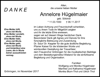 Traueranzeige von Annelore Hügelmaier von Hohenloher Tagblatt