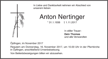 Traueranzeige von Anton Nertinger von SÜDWEST PRESSE Ausgabe Ulm/Neu-Ulm