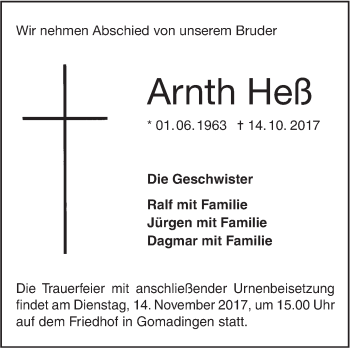 Traueranzeige von Arnth Heß von Alb-Bote/Metzinger-Uracher Volksblatt