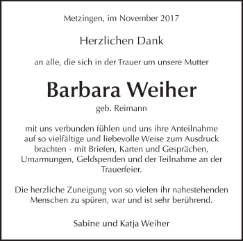 Traueranzeige von Barbara Weiher von Metzinger-Uracher Volksblatt