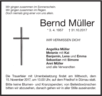 Traueranzeige von Bernd Müller von NWZ Neue Württembergische Zeitung