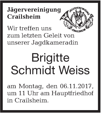 Traueranzeige von Brigitte Schmidt Weiss von Hohenloher Tagblatt