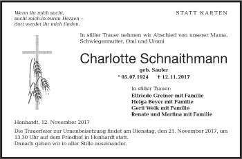 Traueranzeige von Charlotte Schnaithmann von Hohenloher Tagblatt