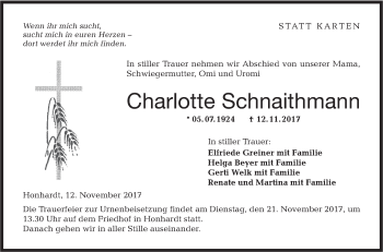 Traueranzeige von Charlotte Schnaithmann von Hohenloher Tagblatt