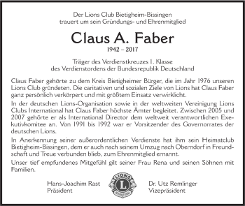 Traueranzeige von Claus Faber von SÜDWEST PRESSE