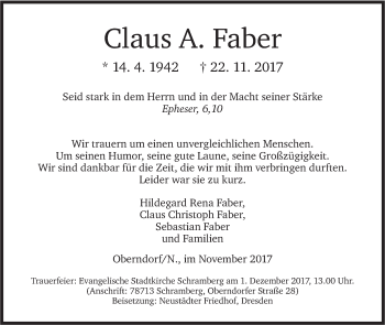 Traueranzeige von Claus Faber von SÜDWEST PRESSE