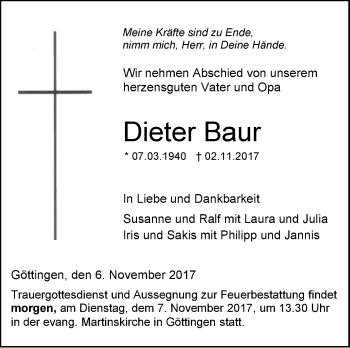 Traueranzeige von Dieter Baur von SÜDWEST PRESSE Ausgabe Ulm/Neu-Ulm