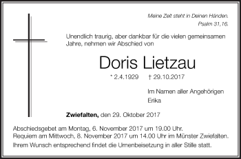 Traueranzeige von Doris Lietzau von Alb-Bote