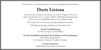 Traueranzeige von Doris Lietzau von SÜDWEST PRESSE