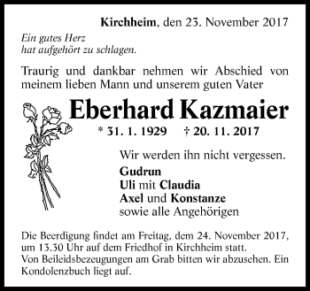 Traueranzeige von Eberhard Kazmaier von SÜDWEST PRESSE