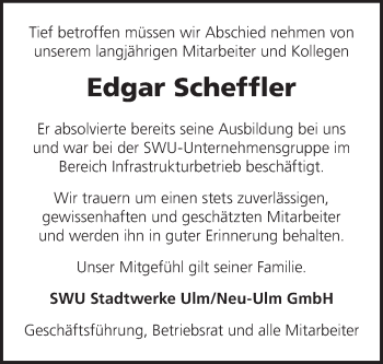 Traueranzeige von Edgar Scheffler von SÜDWEST PRESSE Ausgabe Ulm/Neu-Ulm