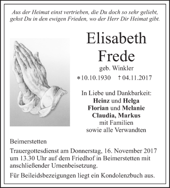 Traueranzeige von Elisabeth Frede von SÜDWEST PRESSE Ausgabe Ulm/Neu-Ulm