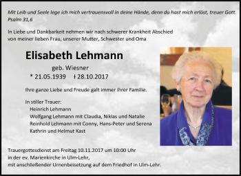 Traueranzeige von Elisabeth Lehmann von SÜDWEST PRESSE Ausgabe Ulm/Neu-Ulm