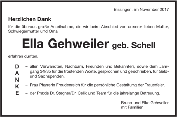 Traueranzeige von Ella Gehweiler von SÜDWEST PRESSE